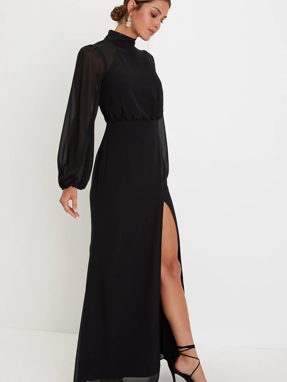 Lulu's Black High-Neck Maxi Dress with Sheer Bishop Sleeves Size XS